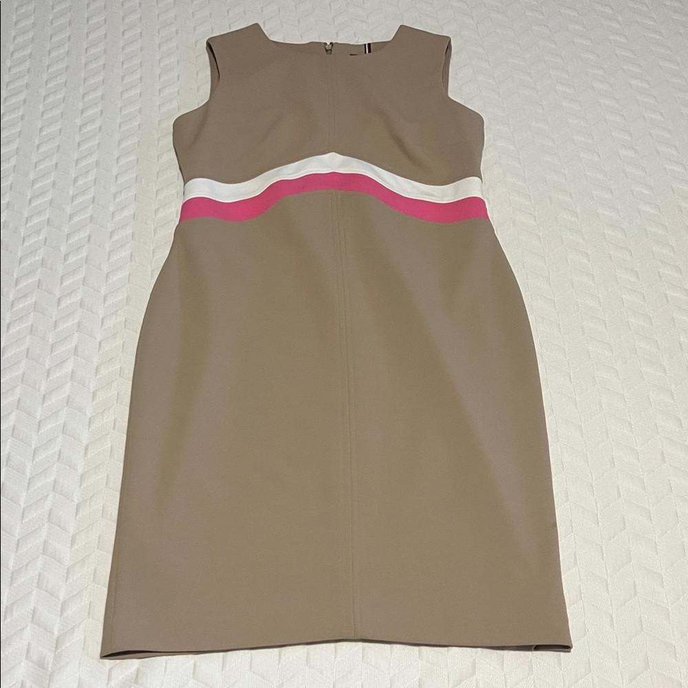 Tommy Hilfiger Taupe Sleeveless Midi Dress with Pink & White Waistband
